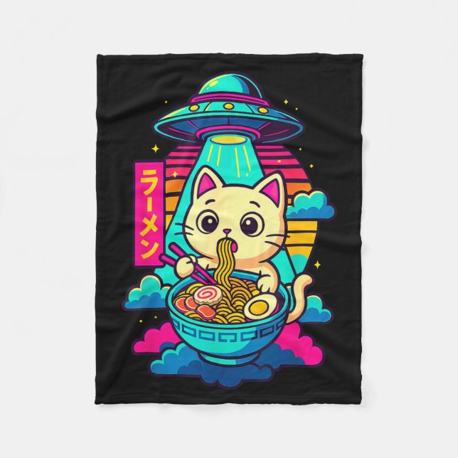 Kawaii Cat Alien Ufo Ramen Graphic Tee Funny Japan Fleece Blanket (Front)