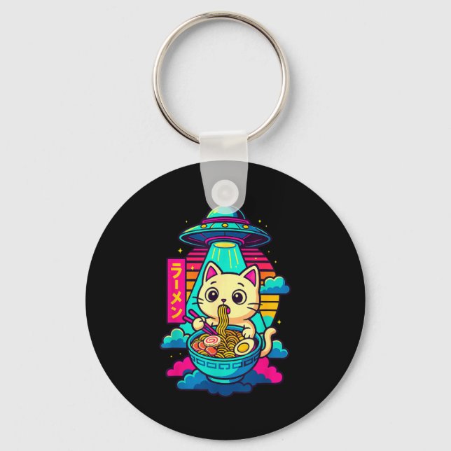 Kawaii Cat Alien Ufo Ramen Graphic Tee Funny Japan Key Ring (Front)