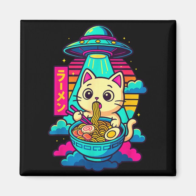 Kawaii Cat Alien Ufo Ramen Graphic Tee Funny Japan Magnet (Front)