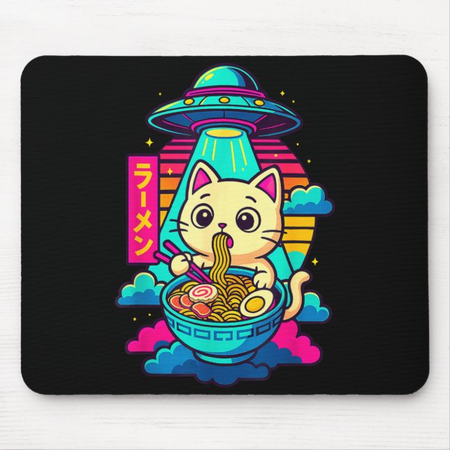 Kawaii Cat Alien Ufo Ramen Graphic Tee Funny Japan Mouse Mat (Front)