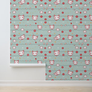 Kawaii Cat and Floral Pattern on Blue Wallpaper
