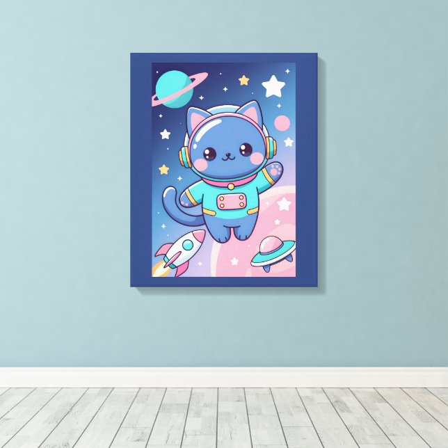 Kawaii Cat Astronaut Space Cute Galactic Wall Art (Insitu(Wood Floor))