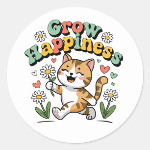 Kawaii Cat Be Happy Summer Garden Motivational Classic Round Sticker