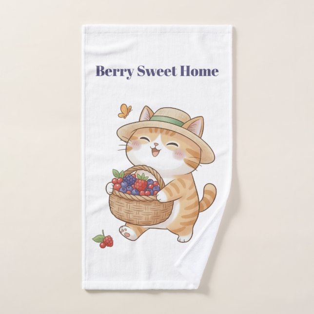 Kawaii Cat & Berries Bathroom Towel Set (Hand Towel)