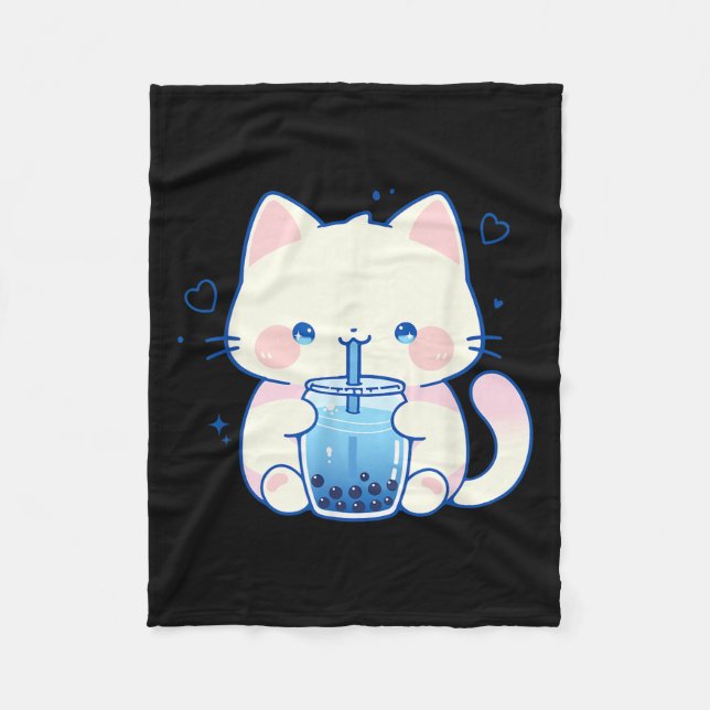 Kawaii Cat Boba Japanese Cute Aesthetic Anime Girl Fleece Blanket (Front)