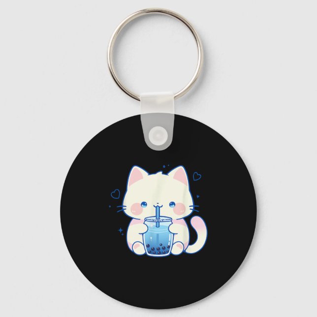Kawaii Cat Boba Japanese Cute Aesthetic Anime Girl Key Ring (Front)