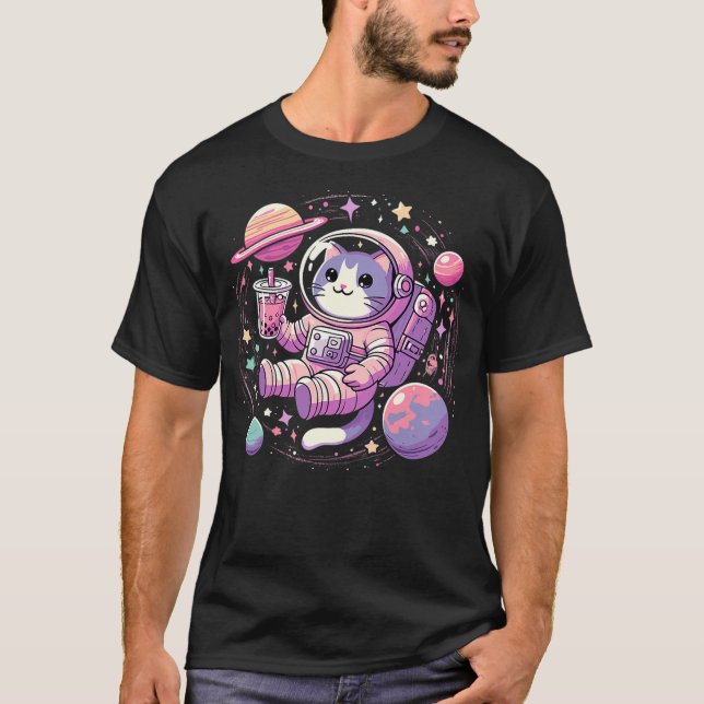 Kawaii Cat Bubble Boba Tea In Space Astronaut T-Shirt (Front)
