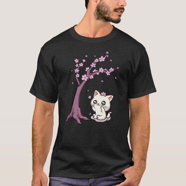 Kawaii Cat Cherry Blossom Anime Kitten Sakura Japa T-Shirt (Front)