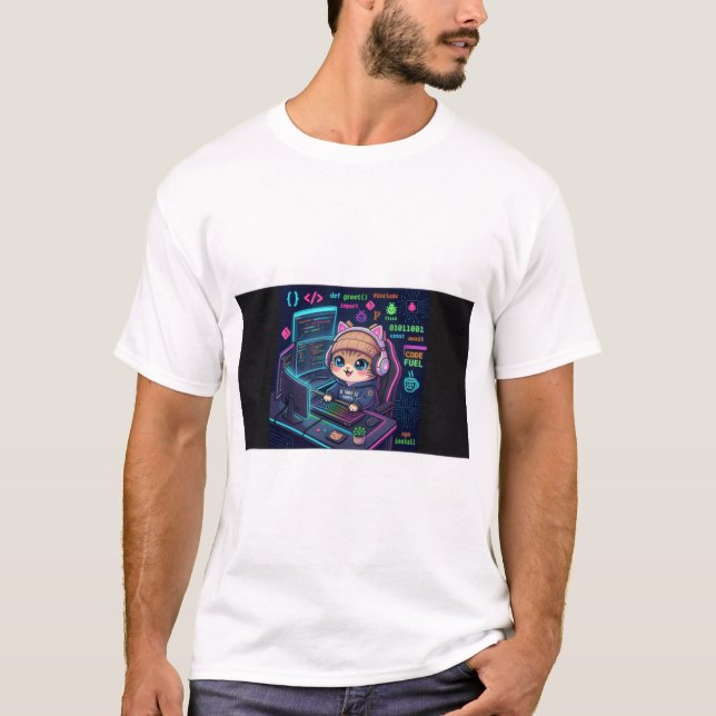Kawaii Cat Coder T-Shirt | Cute Neon Programmer Ca (Front)