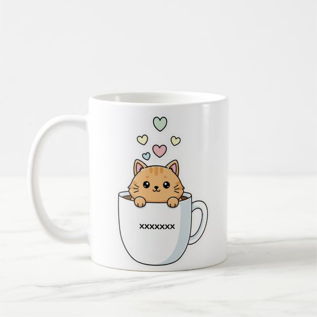 Kawaii Cat & Coffee Hearts Illustration Mug (Left)