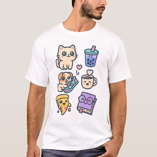 Kawaii Cat, Dog & Food Lovers Mug T-Shirt (Front)