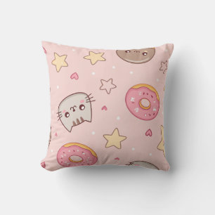 Kawaii Cat, Doughnut, and Star Pattern Cushion