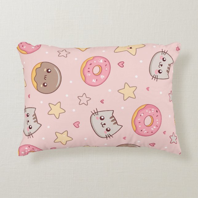 Kawaii Cat, Doughnut, and Star Pattern  Decorative Cushion (Front)