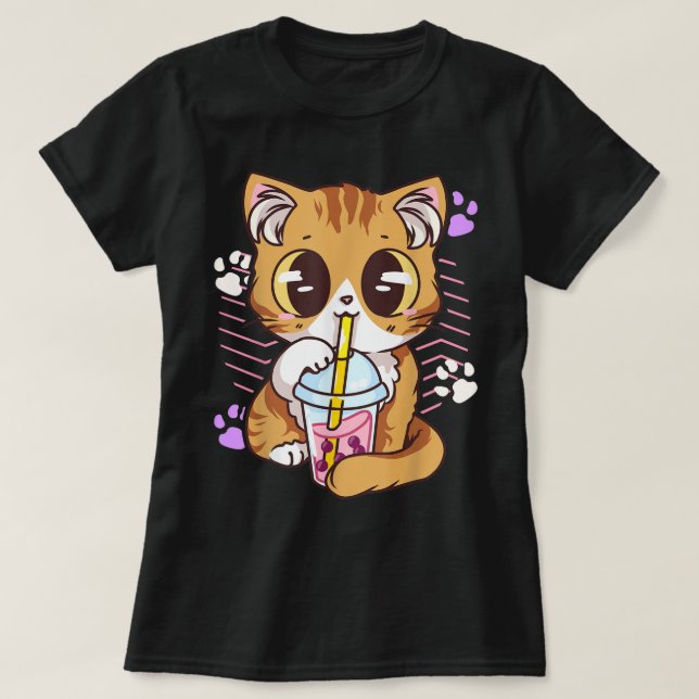 Kawaii Cat Drinking Boba Tea T-Shirt (Design Front)