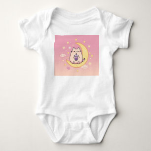 Kawaii Cat Drinking Bubble Tea on Crescent Moon –  Baby Bodysuit