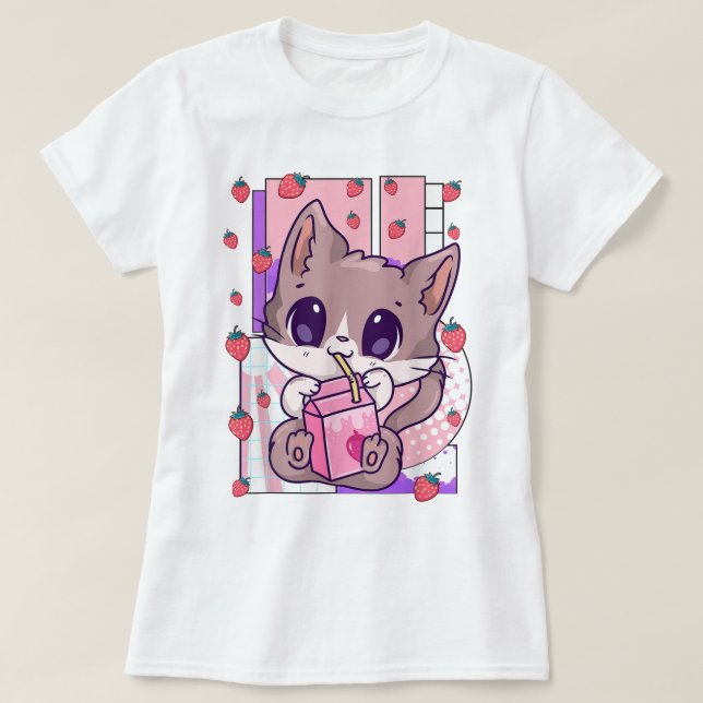 Kawaii Cat Drinking Strawberry Milk T-Shirt (Design Front)