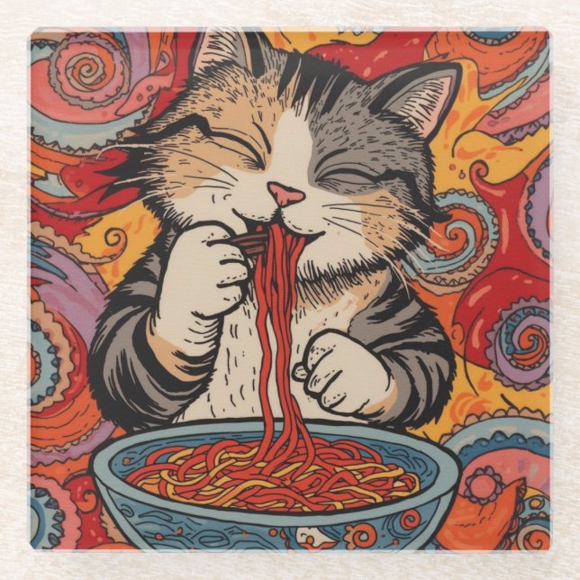 kawaii cat eating noodle glass coaster (Front)