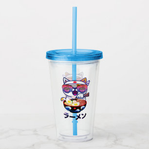 Kawaii Cat Eating Ramen – Cute Japanese Noodles Acrylic Tumbler