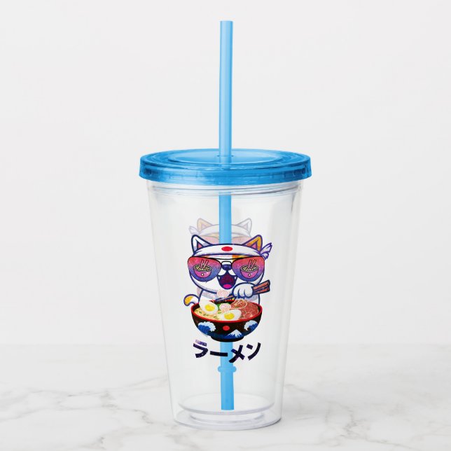 Kawaii Cat Eating Ramen – Cute Japanese Noodles Acrylic Tumbler (Front)