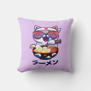 Kawaii Cat Eating Ramen – Cute Japanese Noodles Cushion