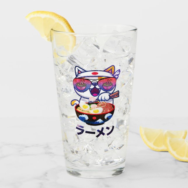 Kawaii Cat Eating Ramen – Cute Japanese Noodles Glass (Front Ice)