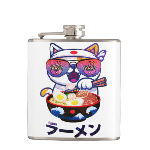 Kawaii Cat Eating Ramen – Cute Japanese Noodles Hip Flask