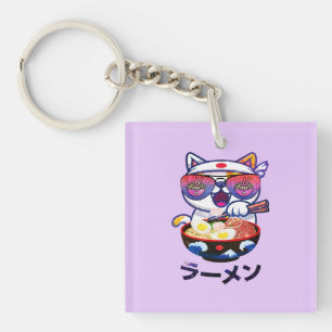 Kawaii Cat Eating Ramen – Cute Japanese Noodles Key Ring