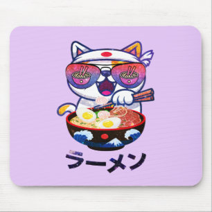 Kawaii Cat Eating Ramen – Cute Japanese Noodles Mouse Mat