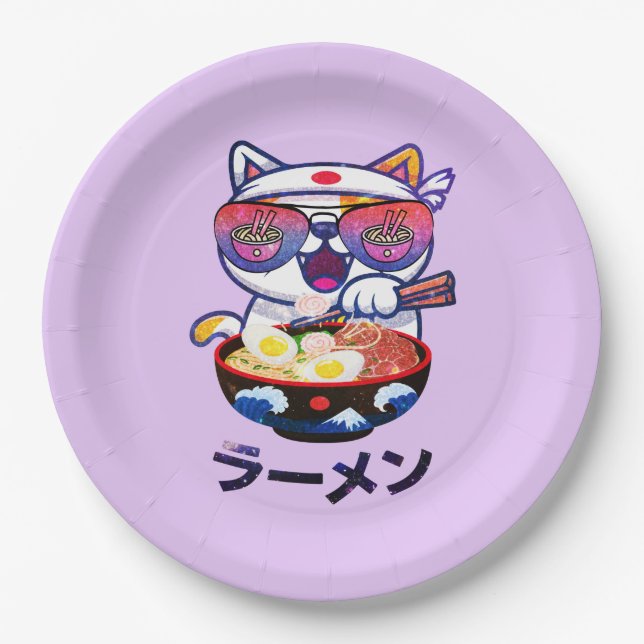 Kawaii Cat Eating Ramen – Cute Japanese Noodles Paper Plate (Front)