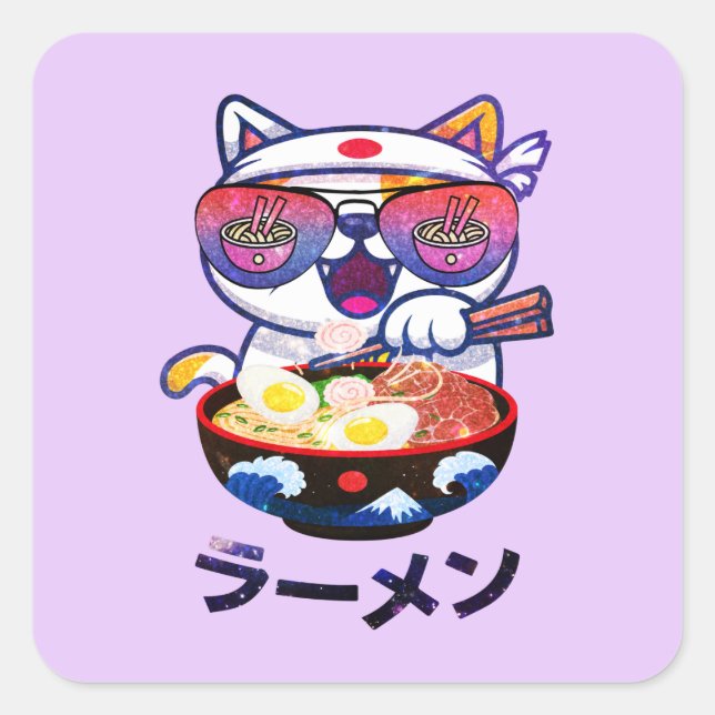 Kawaii Cat Eating Ramen – Cute Japanese Noodles Square Sticker (Front)
