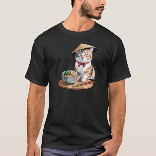 Kawaii Cat Eating Ramen Funny Japanese Anime Men W T-Shirt (Front)