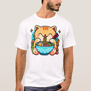 Kawaii Cat Eating Ramen Neko Funny Japanese Anime  T-Shirt