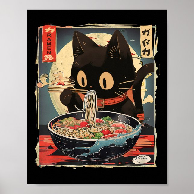 Kawaii Cat Eating Ramen Noodles Anime Gift Girls T Poster (Front)