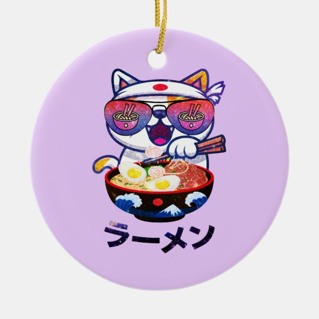 Kawaii Cat Eating Ramen Noodles Ceramic Tree Decoration (Front)