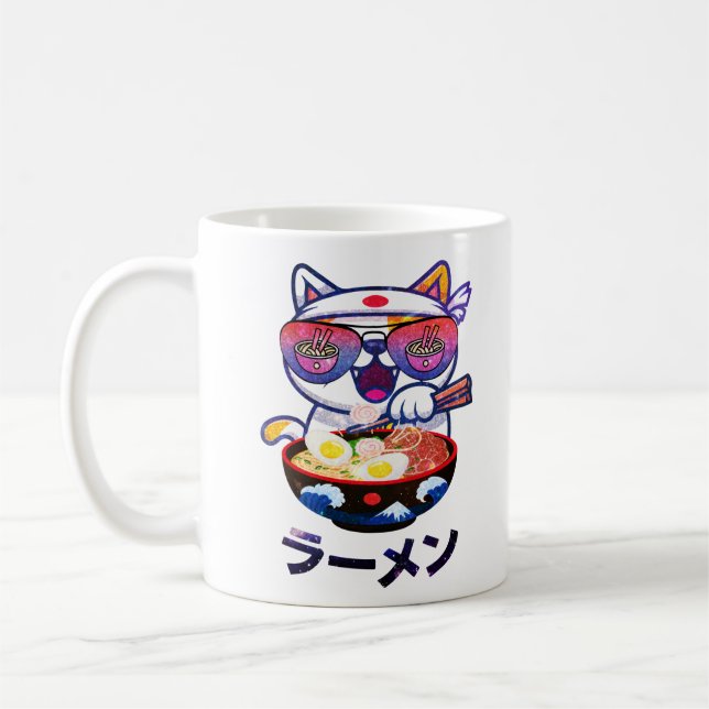 Kawaii Cat Eating Ramen Noodles Coffee Mug (Left)