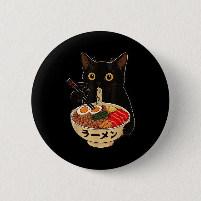 Kawaii Cat Eating Ramen Noodles Funny Anime Gift G 6 Cm Round Badge (Front)