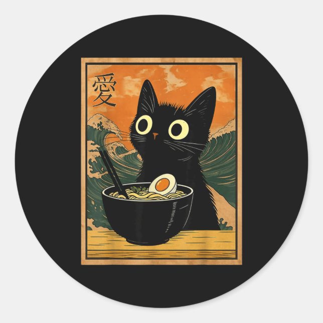 Kawaii Cat Eating Ramen Noodles Funny Anime Gift G Classic Round Sticker (Front)