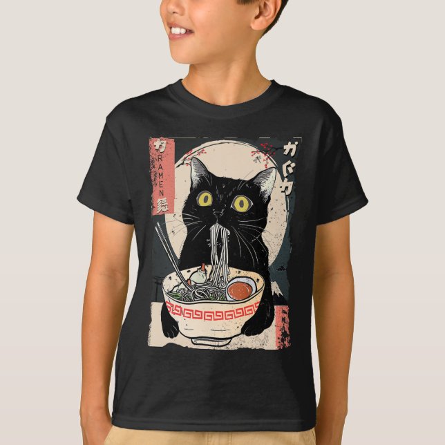 Kawaii Cat Eating Ramen Noodles Funny Anime Gift G T-Shirt (Front)
