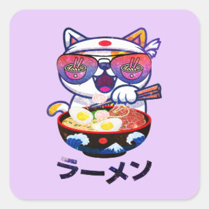 Kawaii Cat Eating Ramen Noodles Square Sticker