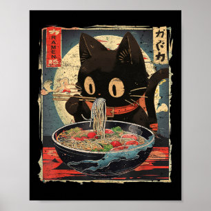 Kawaii Cat Eating Ramen Noodles Vintage Japanese M Poster