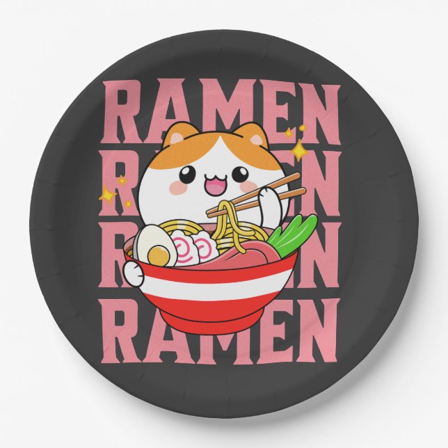 Kawaii Cat eating Ramen Paper Plate (Front)