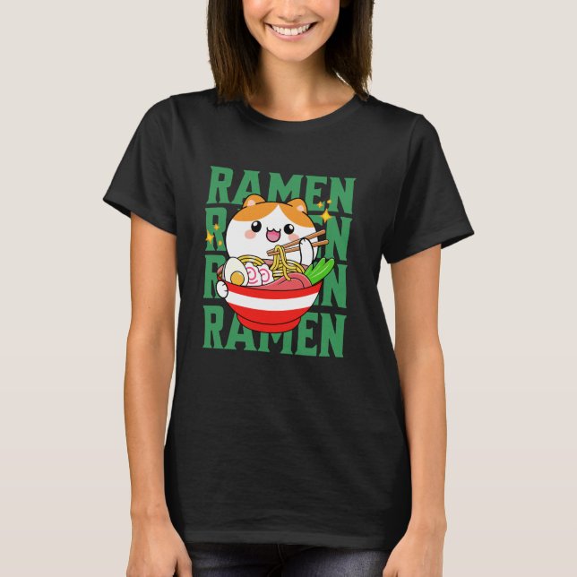 Kawaii Cat eating Ramen T-Shirt (Front)