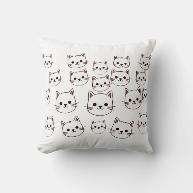Kawaii Cat Faces – Cute Minimalist Cartoon Pattern Cushion (Front)
