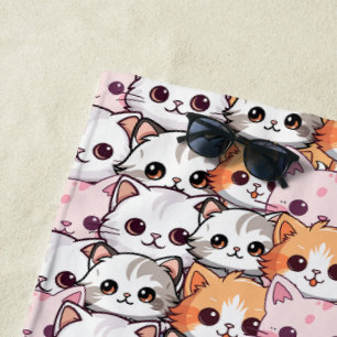 Kawaii Cat feline Kitten pet face doodle print pat Beach Towel