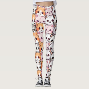 Kawaii Cat feline Kitten pet face doodle print pat Leggings