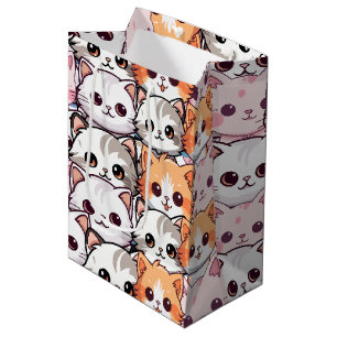 Kawaii Cat feline Kitten pet face doodle print pat Medium Gift Bag