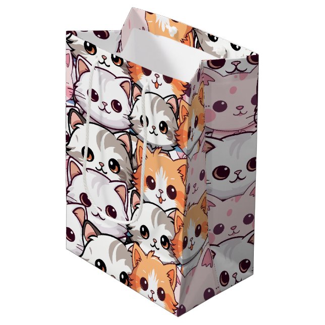 Kawaii Cat feline Kitten pet face doodle print pat Medium Gift Bag (Front Angled)