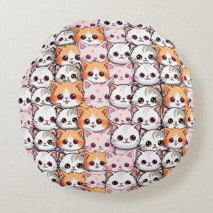 Kawaii Cat feline Kitten pet face doodle print pat Round Cushion