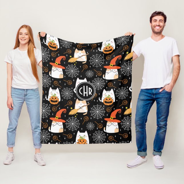 Kawaii Cat for Halloween in Black Background Fleece Blanket (In Situ)