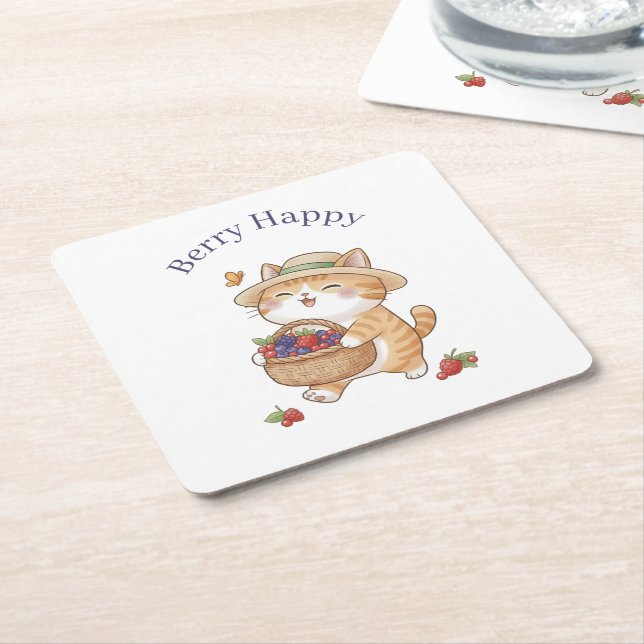 Kawaii Cat Gardener Summer Berry Coaster (Angled)